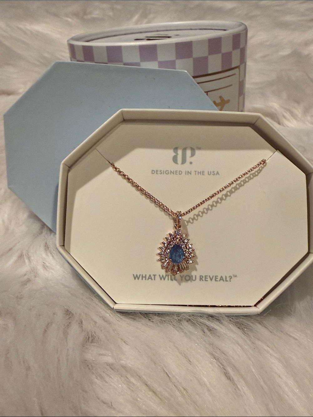 BOMB PARTY - Rose Gold Teardrop Necklace with Blue Center Stone by JP